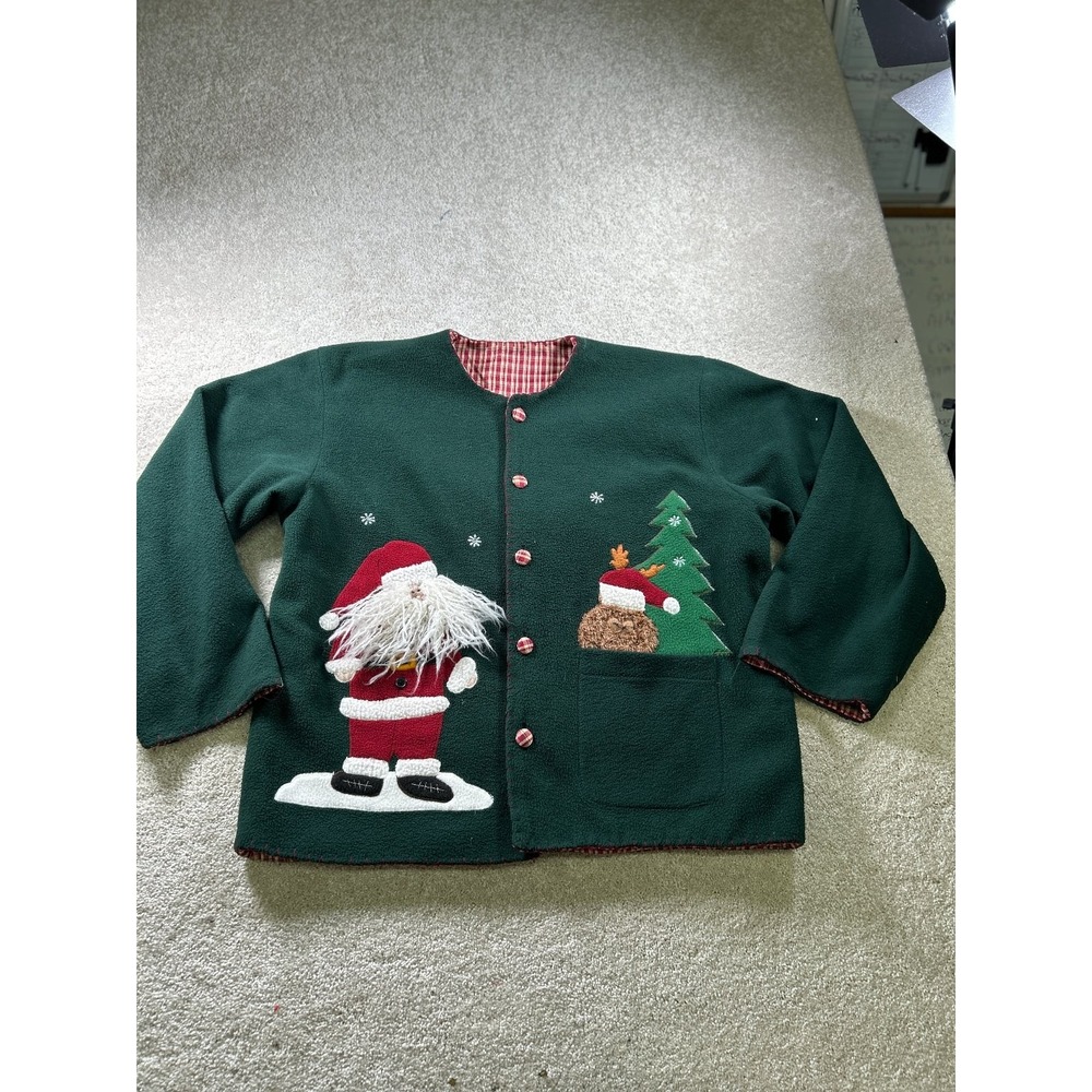 Hand Made Christmas Green Women's Sweater Santa Reindeer Plush Applique Size‎ L